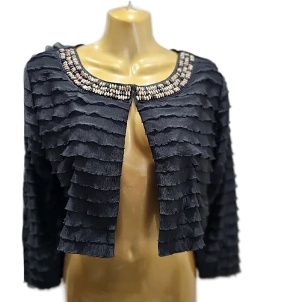 Chico's Travelers Black ruffle beaded bolero jacket size 1  NWTS